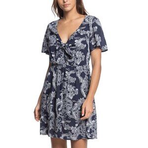 NWT ROXY Summer on Top Floral Tie Front A-line Dress Navy Indigo XS